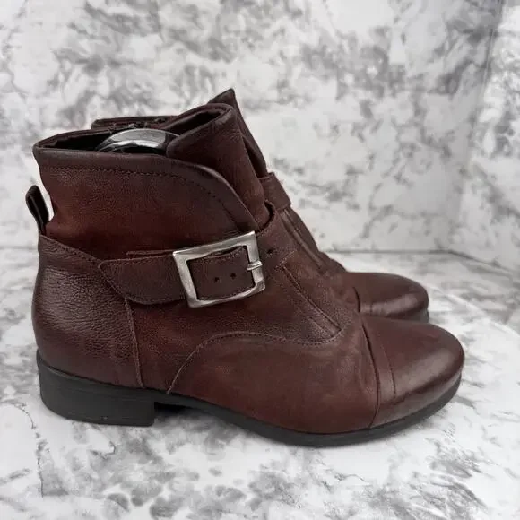 Miz Mooz Womens Siggy Bucket Ankle Boots Size 38/8 Merlot Brown Leather Side Zip